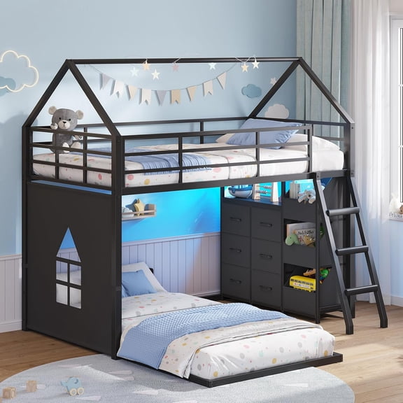 Low Bunk Bed Twin Over Twin Size with 6 Storage Drawers and LED Lights, L-Shaped Floor Bunk Bed Frame with Open Storage Box, Safety Guardrail & Ladder, House Shaped Metal Bunk Beds for 2 Teens, Black
