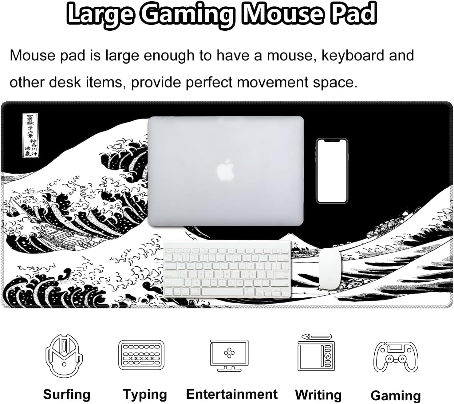 Dark Wave Large Gaming Mouse Pad (35.4×15.7 in, 3mm Thick), Non-Slip Rubber Base and Reinforced Lock Edges, XXL Extended Mousepad for Work, Game, Desk mat, Desktop Decoration