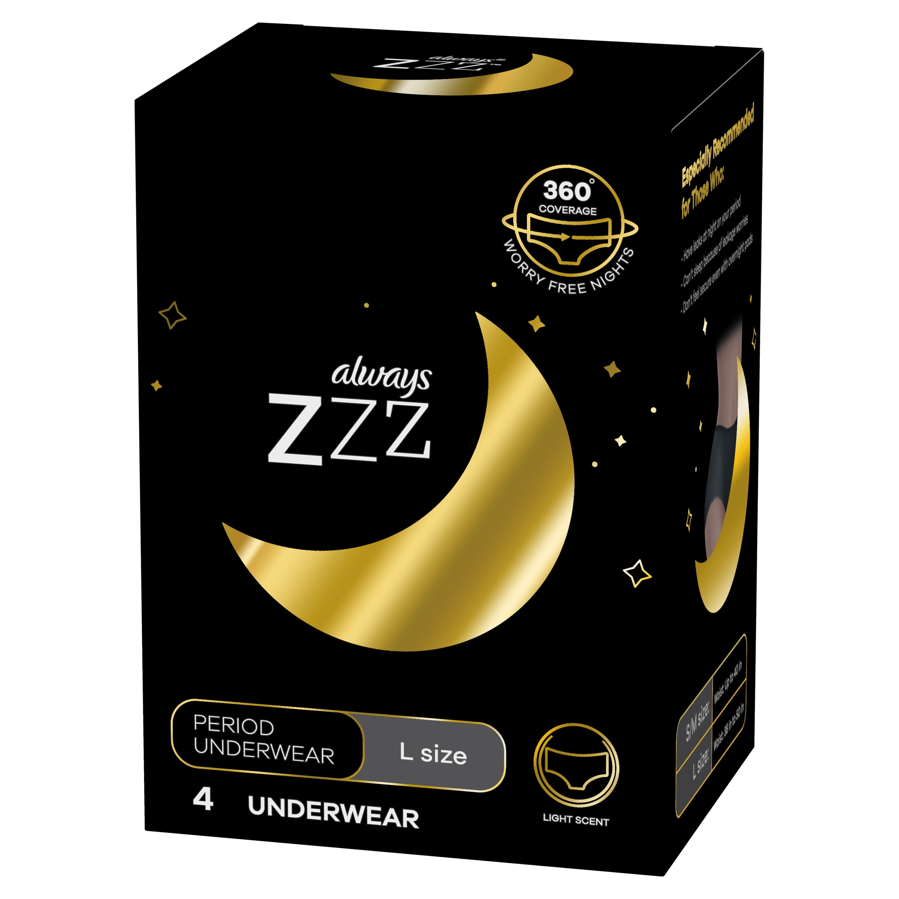 Always ZZZ Disposable Overnight Period Underwear Women Size L, 4 Ct 