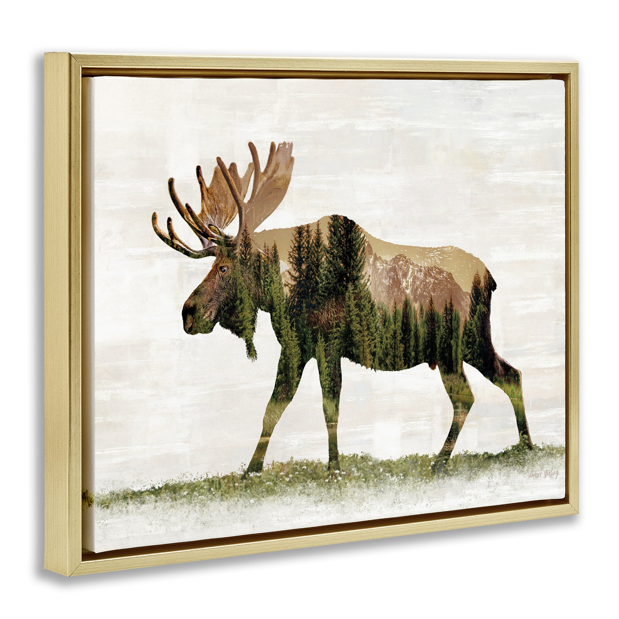 Stupell Industries Forest Pattern Moose Animals & Insects Painting Gold Floater Framed Art Print Wall Art, 31 x 25