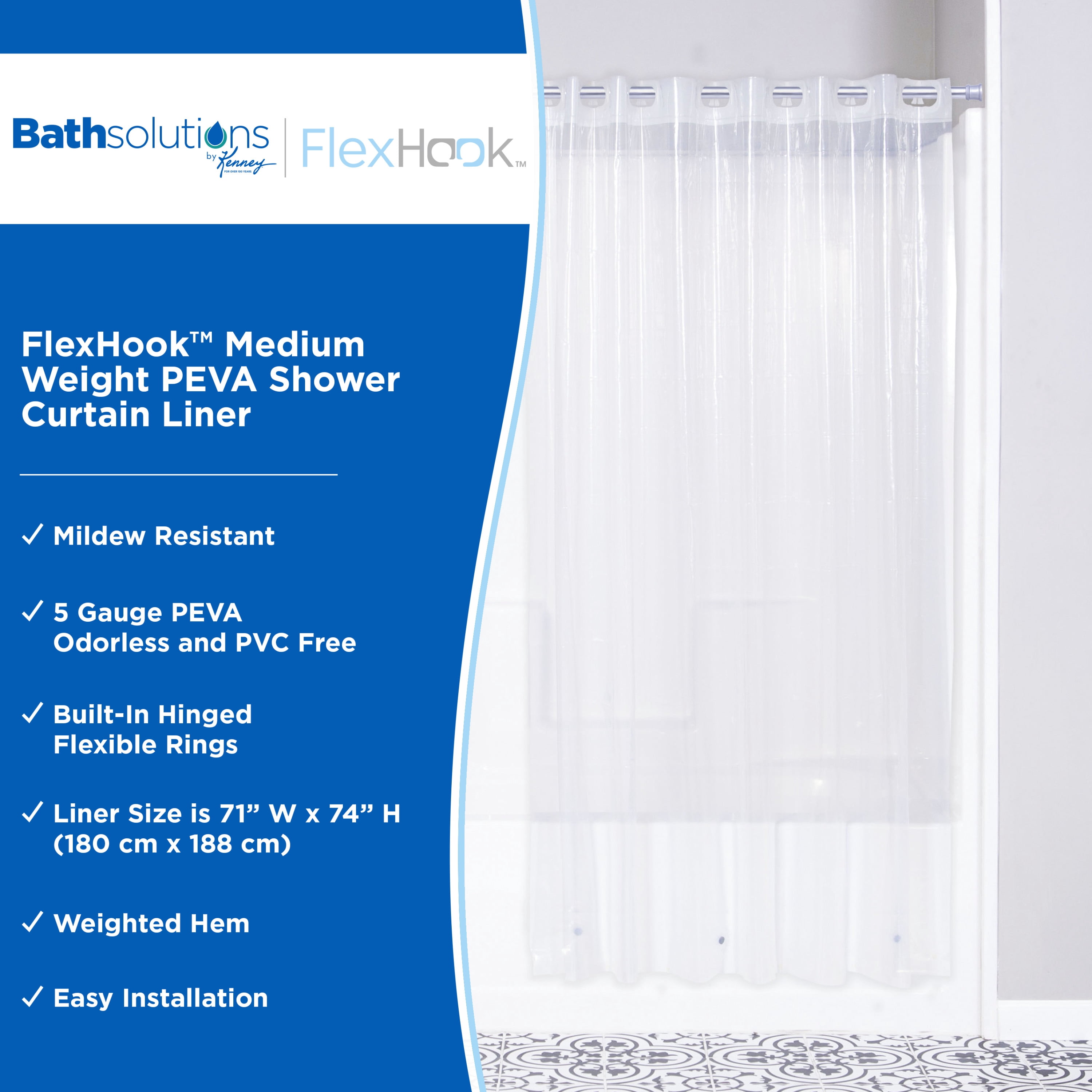 Kenney FlexHook Medium Weight PEVA Shower Curtain Liner, 71" W x 74" H, Clear