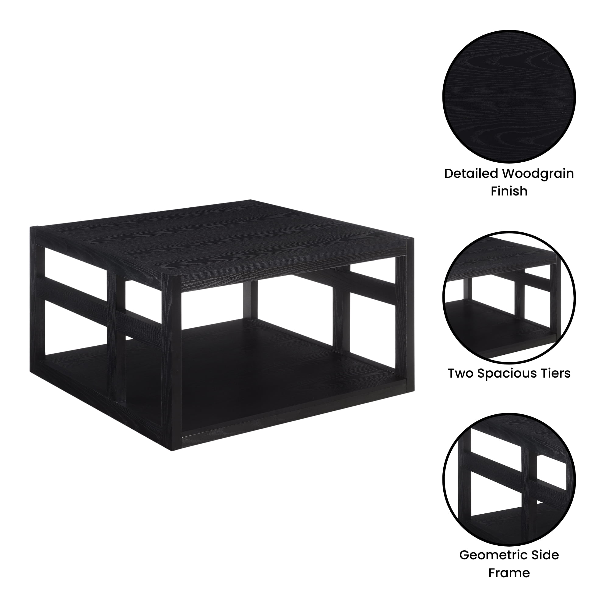 Convenience Concepts Monterey Square Coffee Table with Shelf, Black