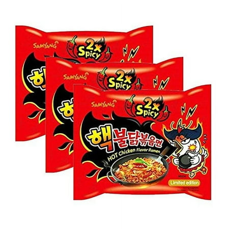 NineChef Bundle - Samyang 2X Extra Spicy Hot Chicken Flavor Ramen KOREAN SPICY NOODLE (140g Each) [ 3 Packs ] + 1 NineChef ChopStick