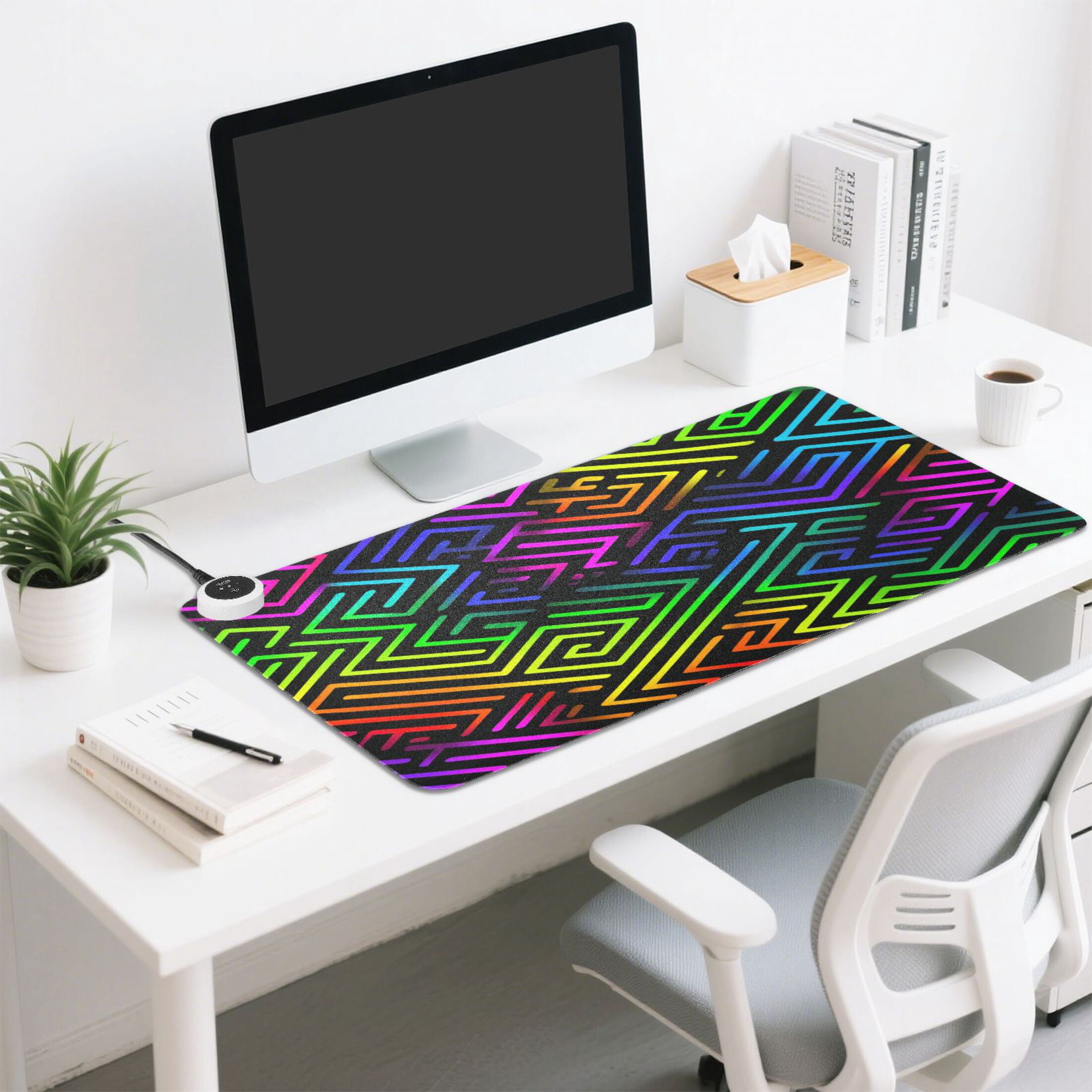 Large Heated Desk Mat Mouse Pad 31.5"x13"PU Leather Graphene Heating Desk Warmer with 3 Temperature Settings 110V US Plug Non-Slip Warm Pad for Home, Office, and Gaming Rainbow Neon Labyrinth Print