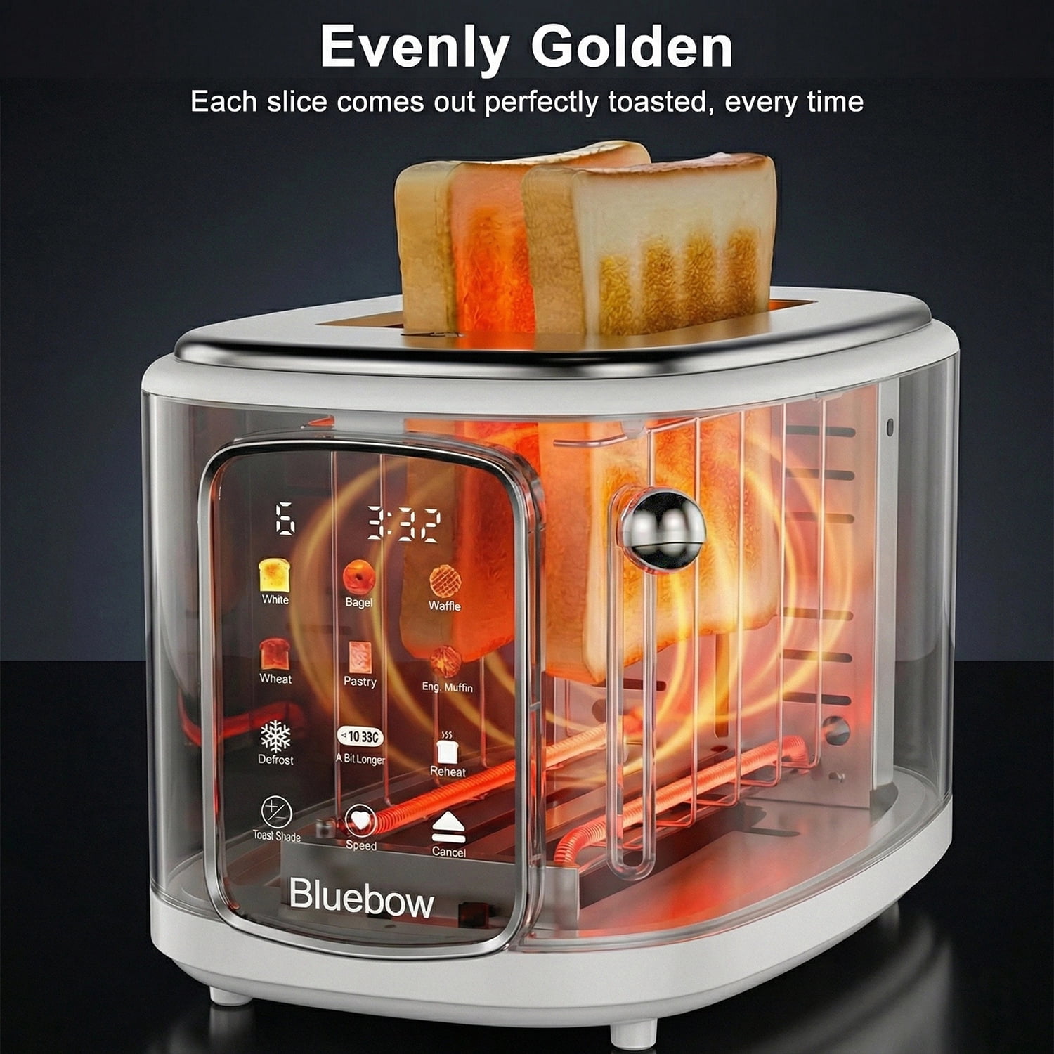 Bluebow 2-Slice Toaster, 1.5" Wide Slots, Touchscreen with 6 Bread Types & Shade Settings, Reheat, Defrost, Saved, Removable Tray, White