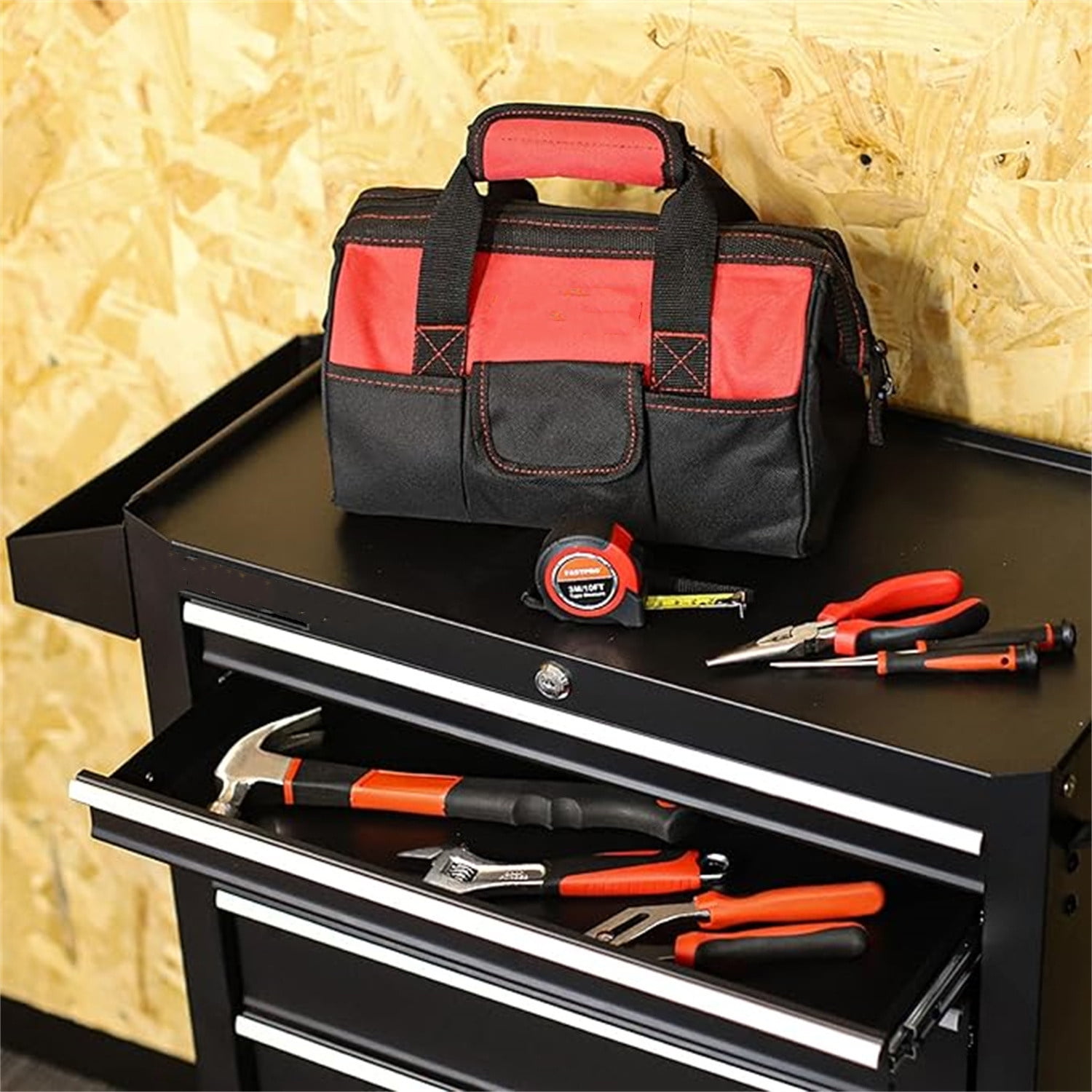220-Piece Home Tool Set, Household Repairing Tool Kit, with 12-Inch Wide Mouth Open Storage Tool Bag, Red