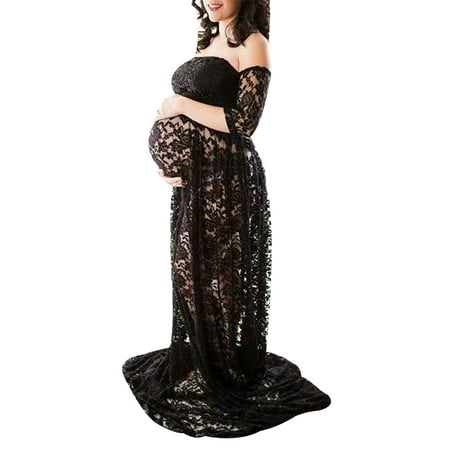 Lame Elbow - Jchiup Women's Off Shouler Elbow Sleeve Lace Gown Maternity Dress for Photography