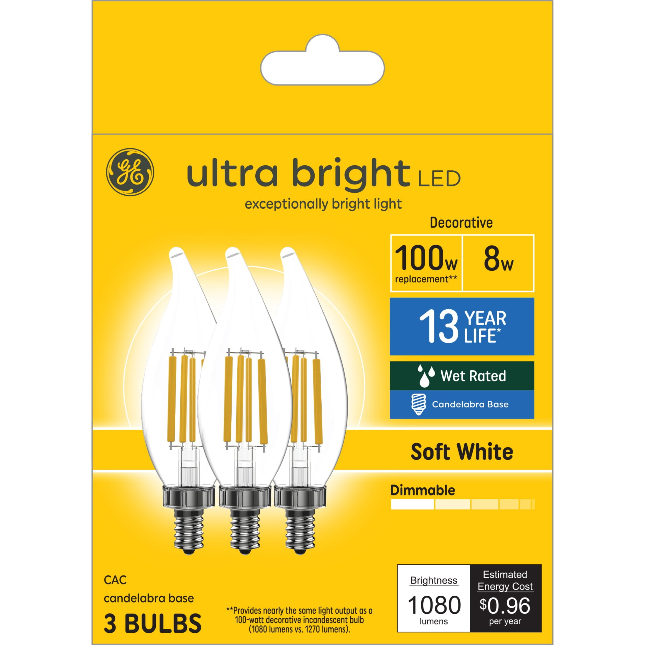 (2 pack) GE Ultra Bright LED Light Bulbs, 100 Watt, Soft White, CA12 Small Base, Clear Finish, 3pk