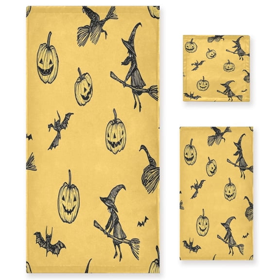 3 Piece Bath Towels Set Bath Towel, Hand Towel and Face Towel for Bathroom, Gym, Hotel Hand-drawn Halloween Pattern