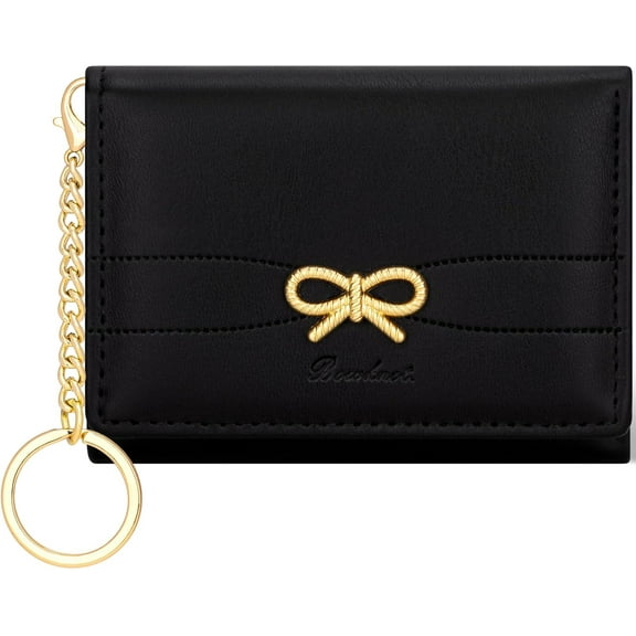 Bow Wallet for Women, Small Slim Trifold Womens Wallet with Key chain Cute Aesthetic Card Holder ID Window for Girl (Pink)