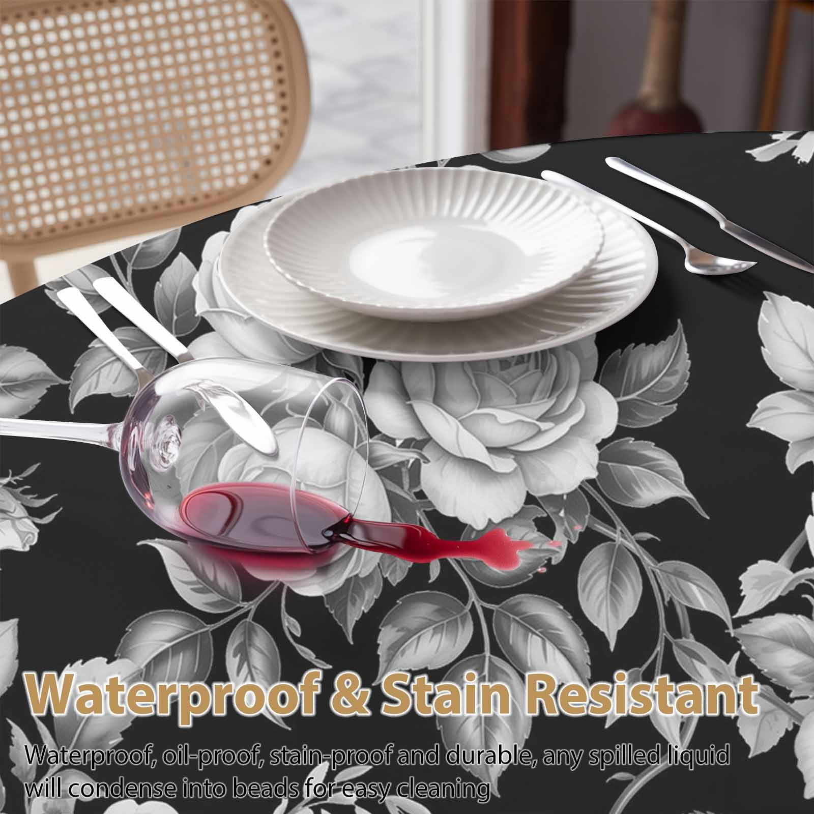 Round Tablecloth Black Floral Rose Waterproof Oil Proof Polyester Table Cloth Cover Decor for Home Dining Outdoor,Patio,Parties, 60" Dia. Vintage Leaf Flower