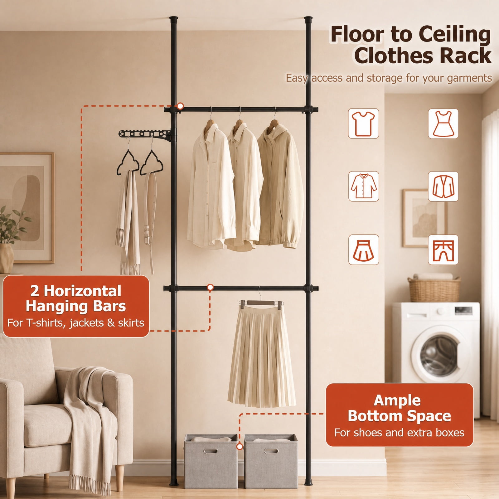 Furnibear Adjustable Floor to Ceiling Clothes Rack with 2 Hanging Rods Telescoping Garment Closet Organizer for Bedroom Entryway, Black