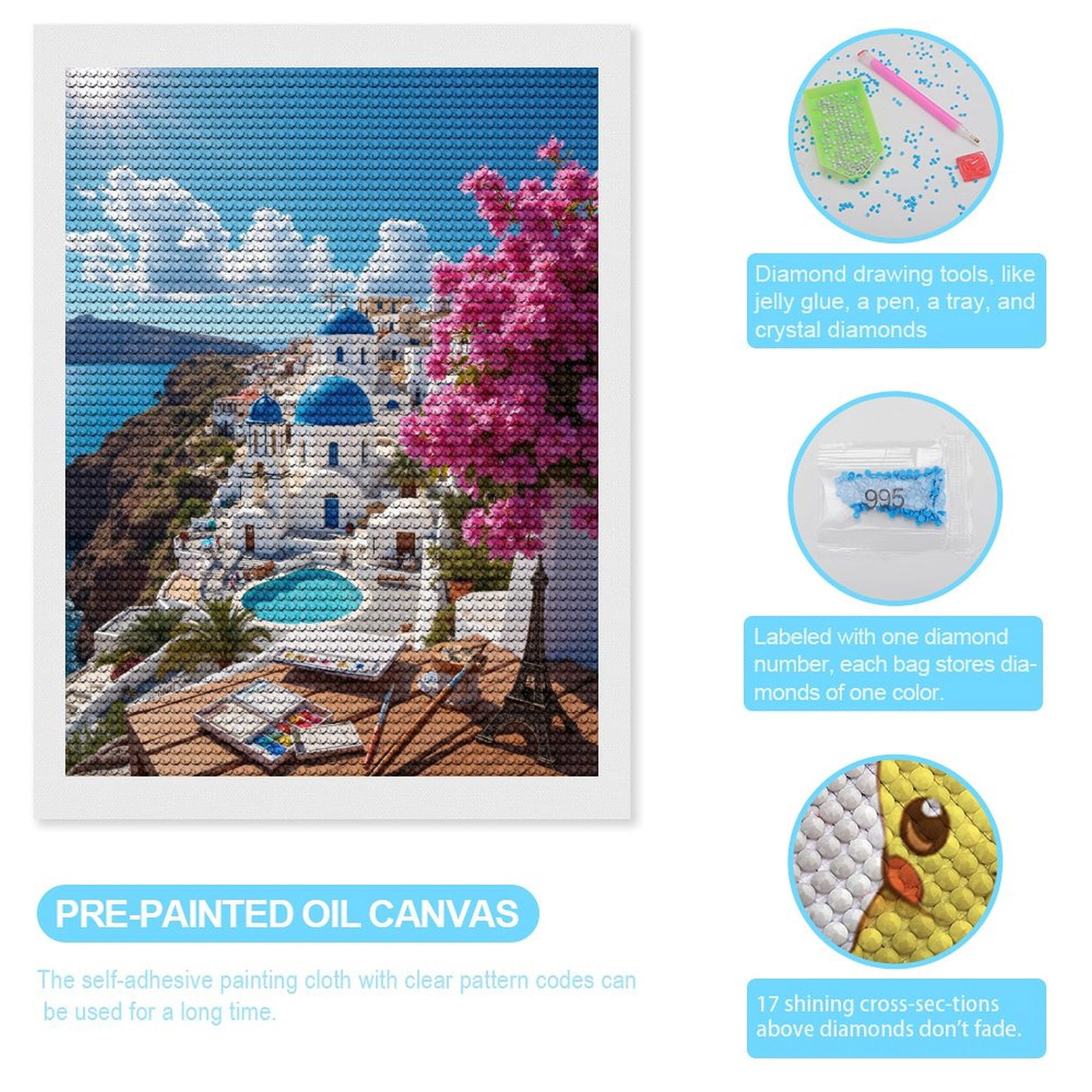 Diamond Art Kits for Adults, Santorini Blue Dome Flowers Painting View 5D Diamond Painting Kits for Adults Beginners, DIY Full Drill Diamond Painting, Gem Art and Crafts 12x16