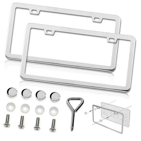 2pcs Silver Chrome Plated Rustproof Universal Stainless Steel License Plate Holder weatherproof License Plate Frame
