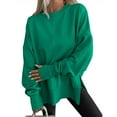 thumbnail image 2 of Women's Fashionable Round Neck Long Sleeved Sports Casual Solid Color Loose Fit Sweater Sweatshirt Side Slit Pullover Top, 2 of 7