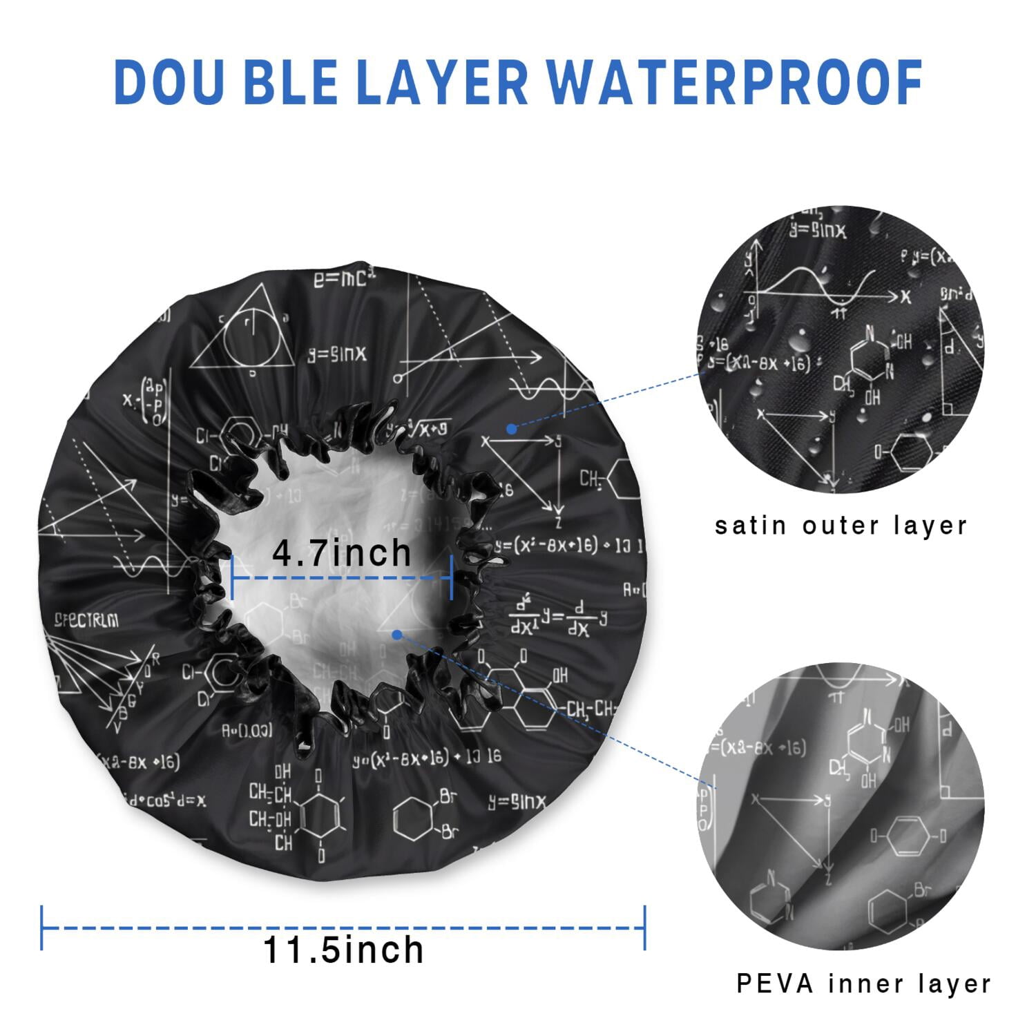Shower Caps,Math Equations Chemistry Symbols Black Pattern Waterproof Shower Cap for Women 4 Pieces,Double Reusable Hair Cover for Shower PEVA Elastic Stretch Hem