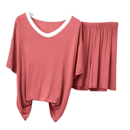 AGKIZG Women Solid Color Modal Pajama Set V Neck Short Sleeve Shorts 2 Piece Lightweight Thin Summer Sleepwear Loungewear Home Wear