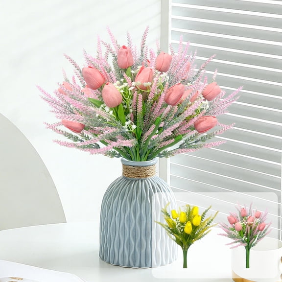 13.78in Summer Artificial Lavender & Tulip Bouquet – 12 Stems Mixed Floral Bundle in Pink & Yellow for Home Office DIY Wreath Wedding Centerpiece or Gift Decoration
