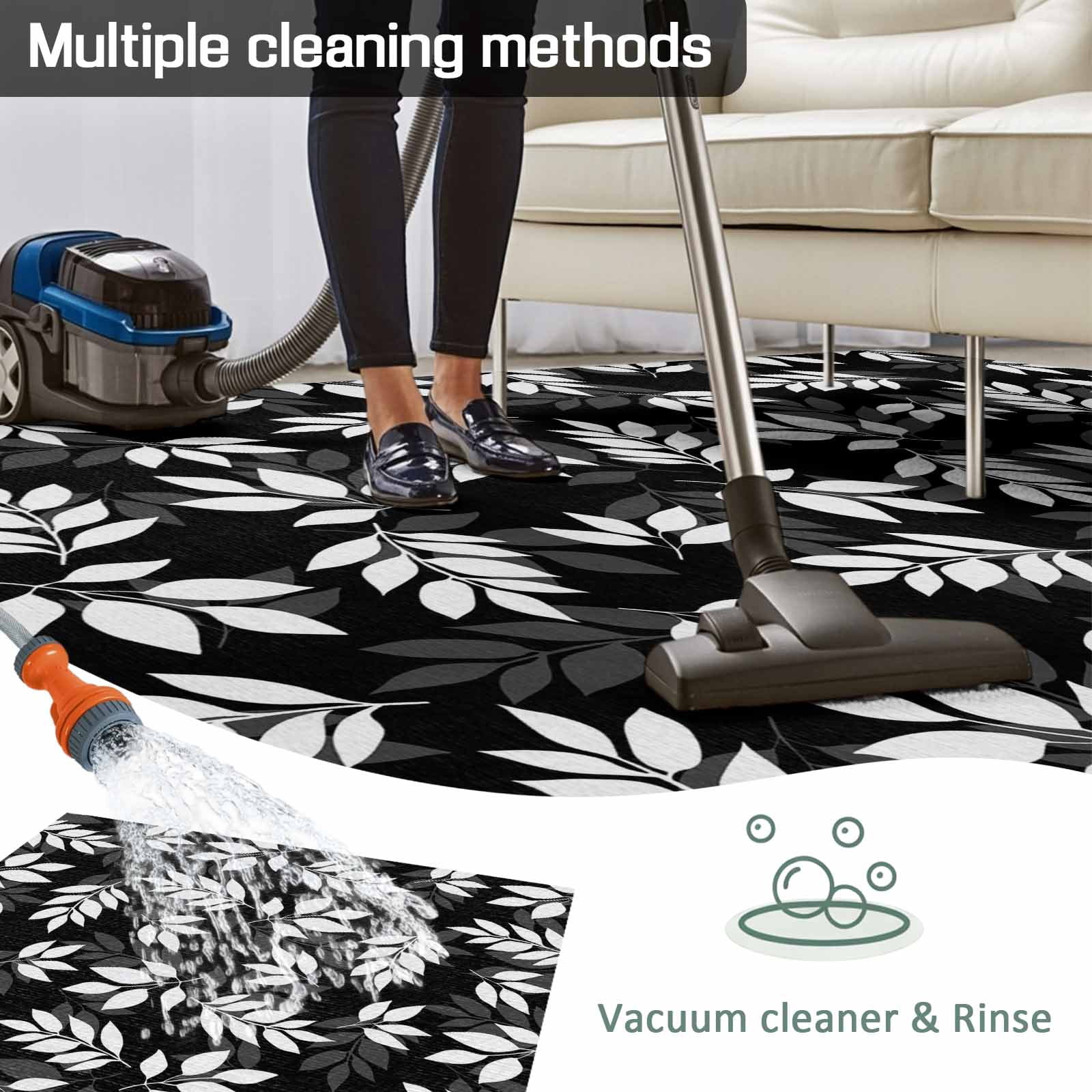 White Leaves Outdoor Rug 5x8 Ft - Reversible Patio Rug Outdoor Camping Rugs, Black Vintage Spring Botanical Leaf Plants Indoor Outdoor Area Rugs, Non-Slip Outdoor Carpet Runner for Deck/Porch