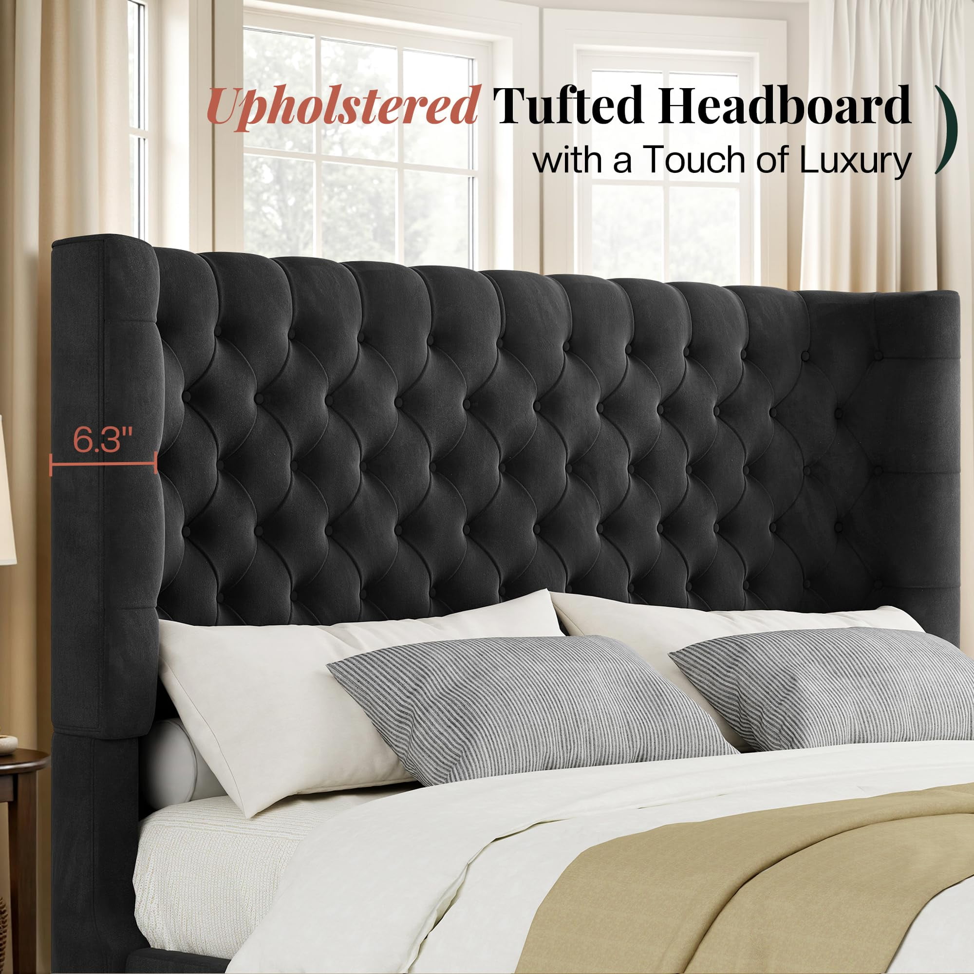 Amerlife Queen Bed Frame with 49” Upholstered Wingback Headboard, Noise-Free Platform Bed with Steel Frame and Slip-Resistant Edges, Black