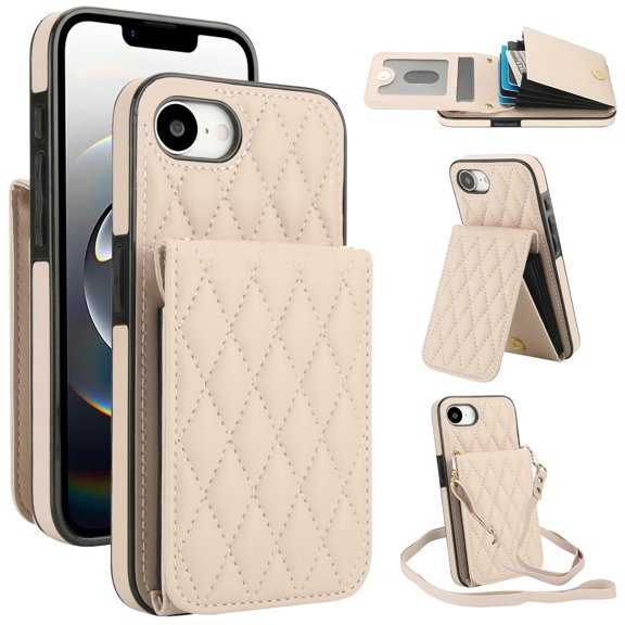 Crossbody Wallet Case for iPhone 16e, Purse Magnetic Clasp RFID Blocking Card Holder, Elegant PU Leather Flip Kickstand Shockproof Protective Cover for iPhone 16e, Apricot