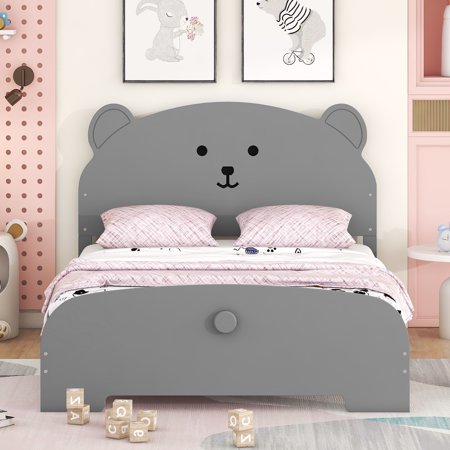 iRerts Wood Full Platform Bed Frame with Bear-shaped Headboard and Footboard, Kids Full Bed Frame for Boys Girls with Slats Support, Full Bed Frames No Box Spring Needed for Bedroom, Gray