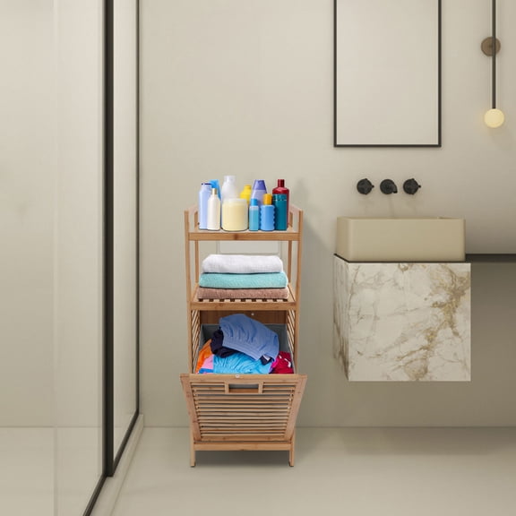 Bamboo Frame Non-Woven Fabric 40x30x95cm Tipping Bucket Dirty Laundry Basket Double Storage Rack Storage Basket