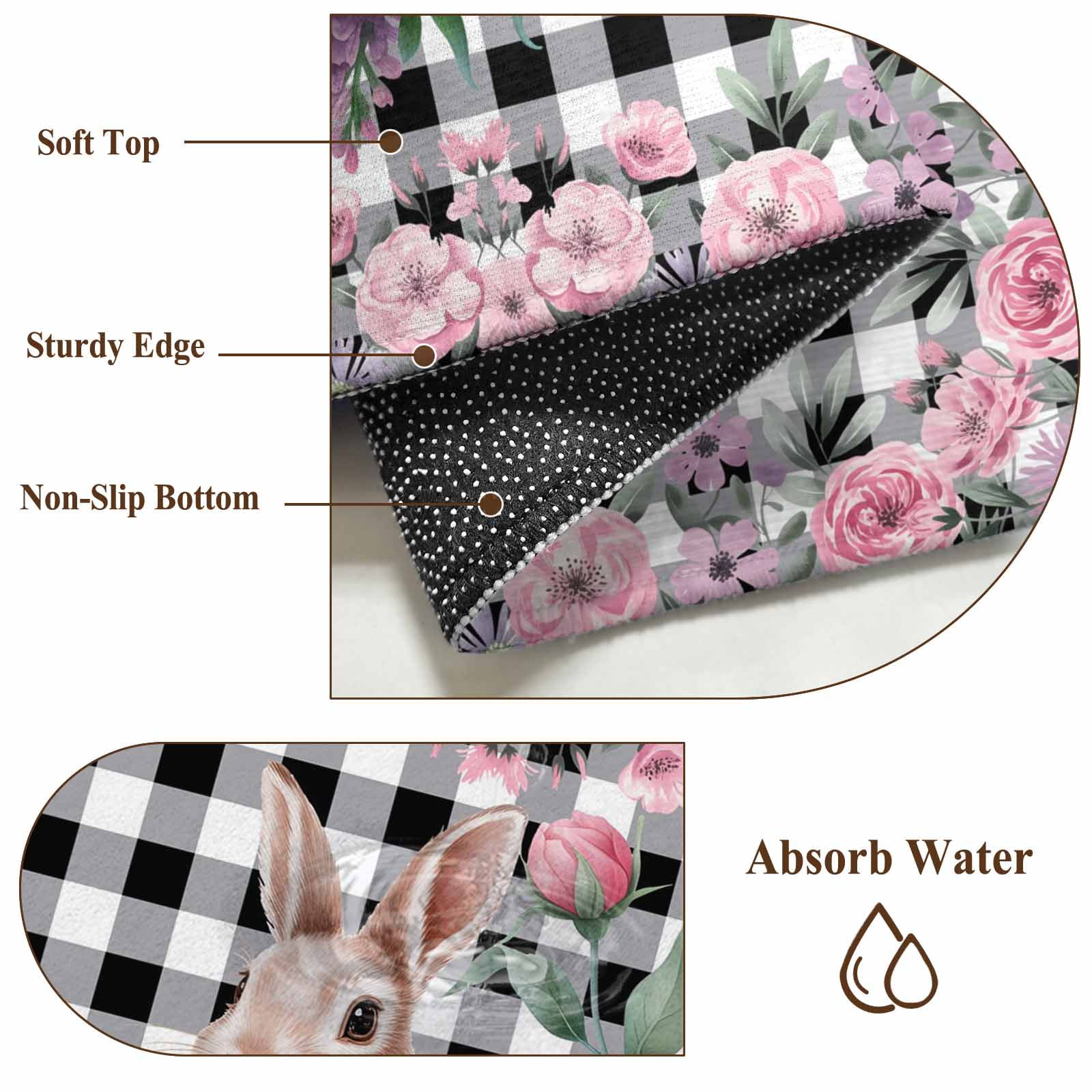 Easter Bunny Roses Area Rugs 6'x9', Washable Small Throw Rugs for Kitchen Dining room, Pink Floral Spring Black Buffalo Plaid Indoor Outdoor Rug Non-Slip Low Pile Carpet Runner Reversible Floor Mats