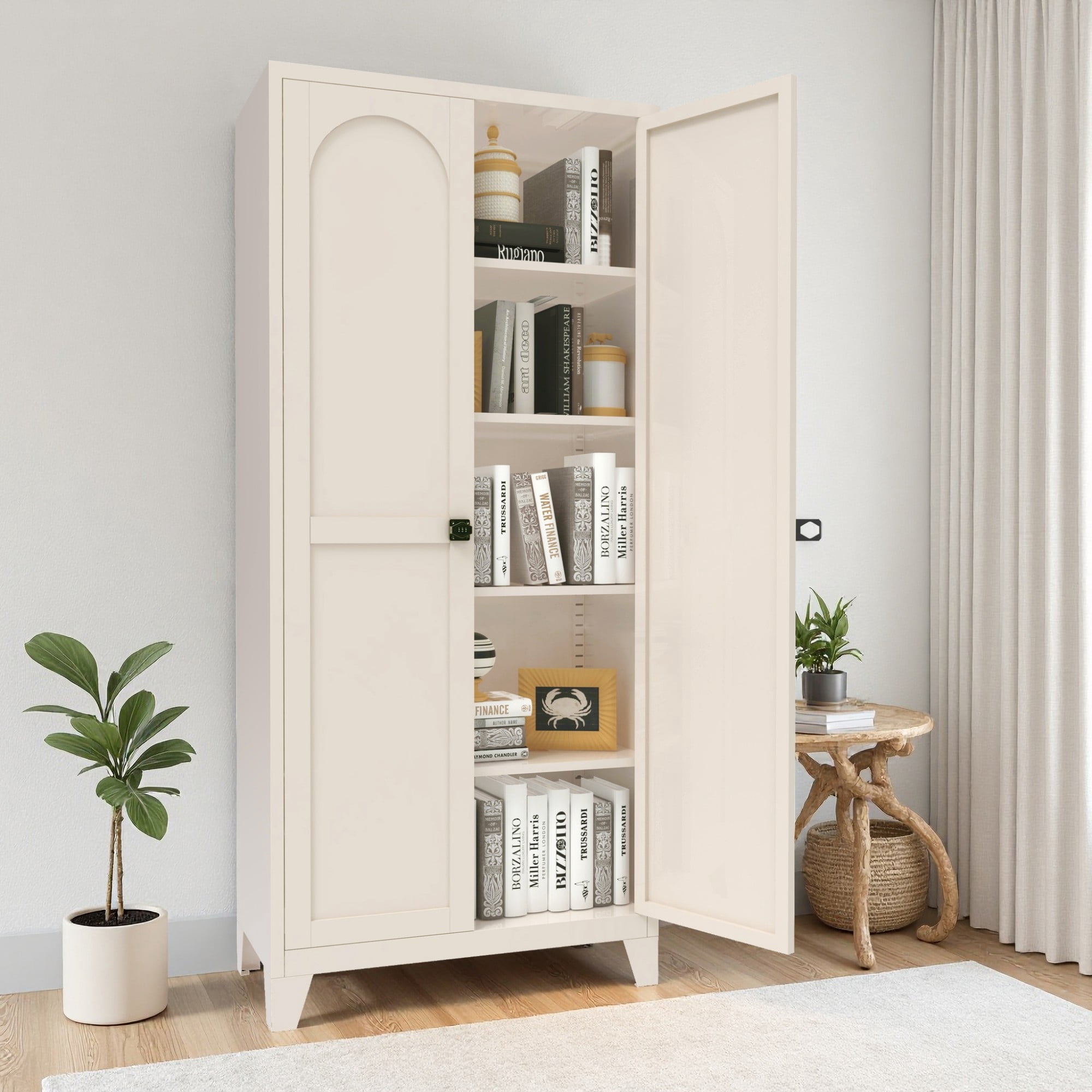 HOQBN 71 Inch Metal Storage Cabinet with Lock,2-Door Tall Steel Cabinet with 4 Adjustable Shelves,Freestanding Lockable Floor Cabinet for Kitchen,Bedroom,Living Room,Office,Pantry,Beige