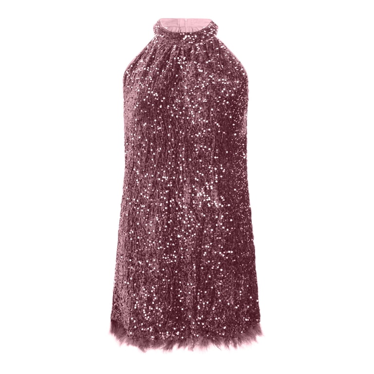 Women's Sequin Dress Party Dress Feather Dress Sequins Sparkly Halter Neck Sleeveless Mini Dress Winter Dress Wedding Guest Black Pink Spring Fall
