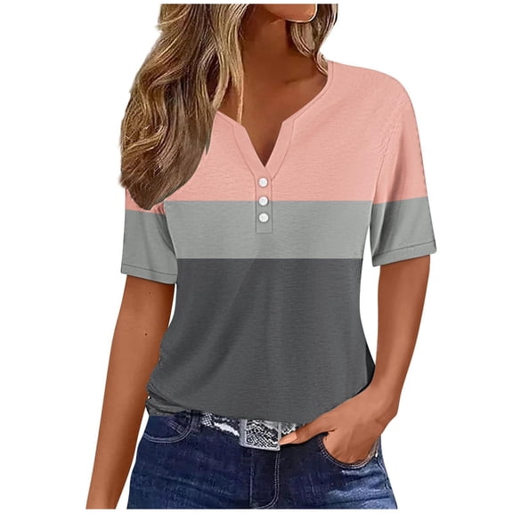 Oplxuo Womens Summer Tops 2025 Dressy Casual V Neck Button Henley Shirt Color Block Patchwork Tee Blouse Tunic Cotton Tshirt