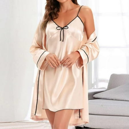 

Raeneomay Deals Clearance Women Two Piece Silk Satin Solid Temptation Babydoll Underwear Sleepwear Camisole Nightdress + Nightgown Robe Suit