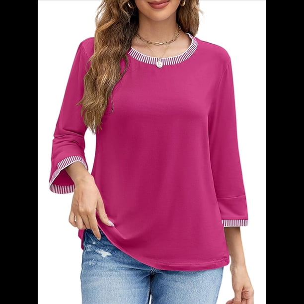 Blusas de 3/4 para Mujer, Elegantes, Informales, con Cuello Redondo, Holgadas y A , para Rosa Roja L