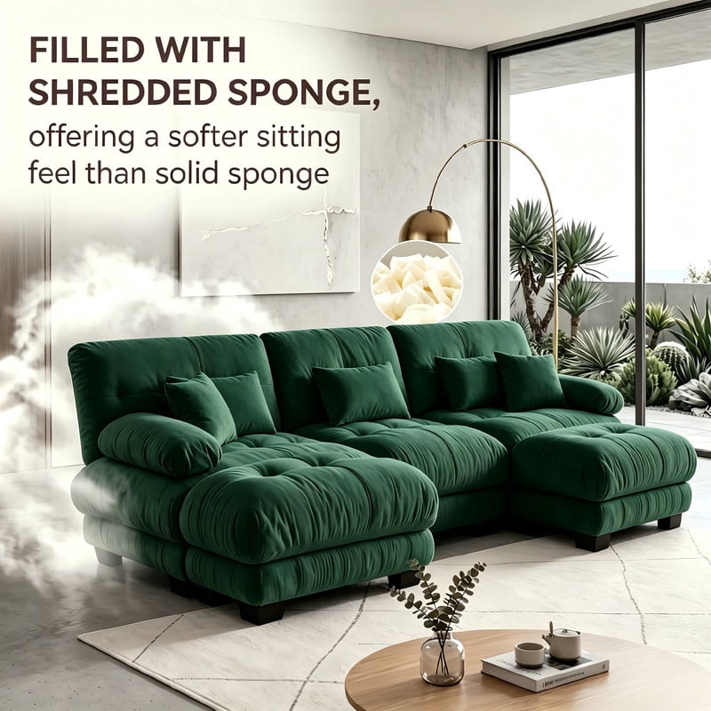 ANPPORT Cloud Couch Sleeper Sofa, Chenille Green 3-Seater Modular Sofa with 2 Ottomans, 3 Lumbar pillows, 2 Pillows, Comfy Deep Seat Cloud Sofa, Convertible L-Shaped Floor Couch for Living Room