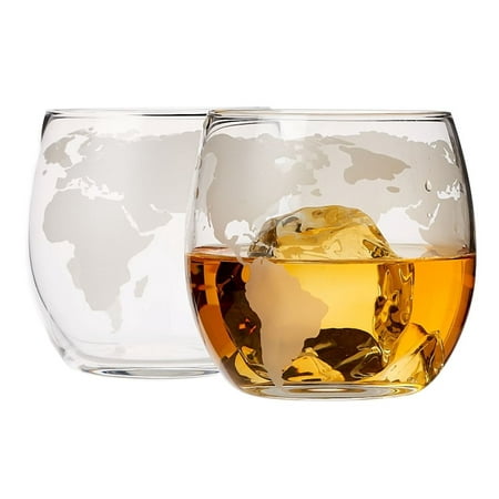 Elegant Whiskey Cups - Etched Globe Design 2 Glass set - Impressive Bar Set
