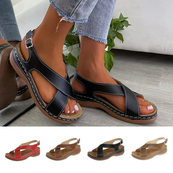 Axiiglly Womens Sandals Casual Orthoped Sandals Comfortable Open Toe Flat Sandals Ultra Soft Adjustable Straps Sandal Low Heel Walking Sandal Fashion Buckle Beach Sandals