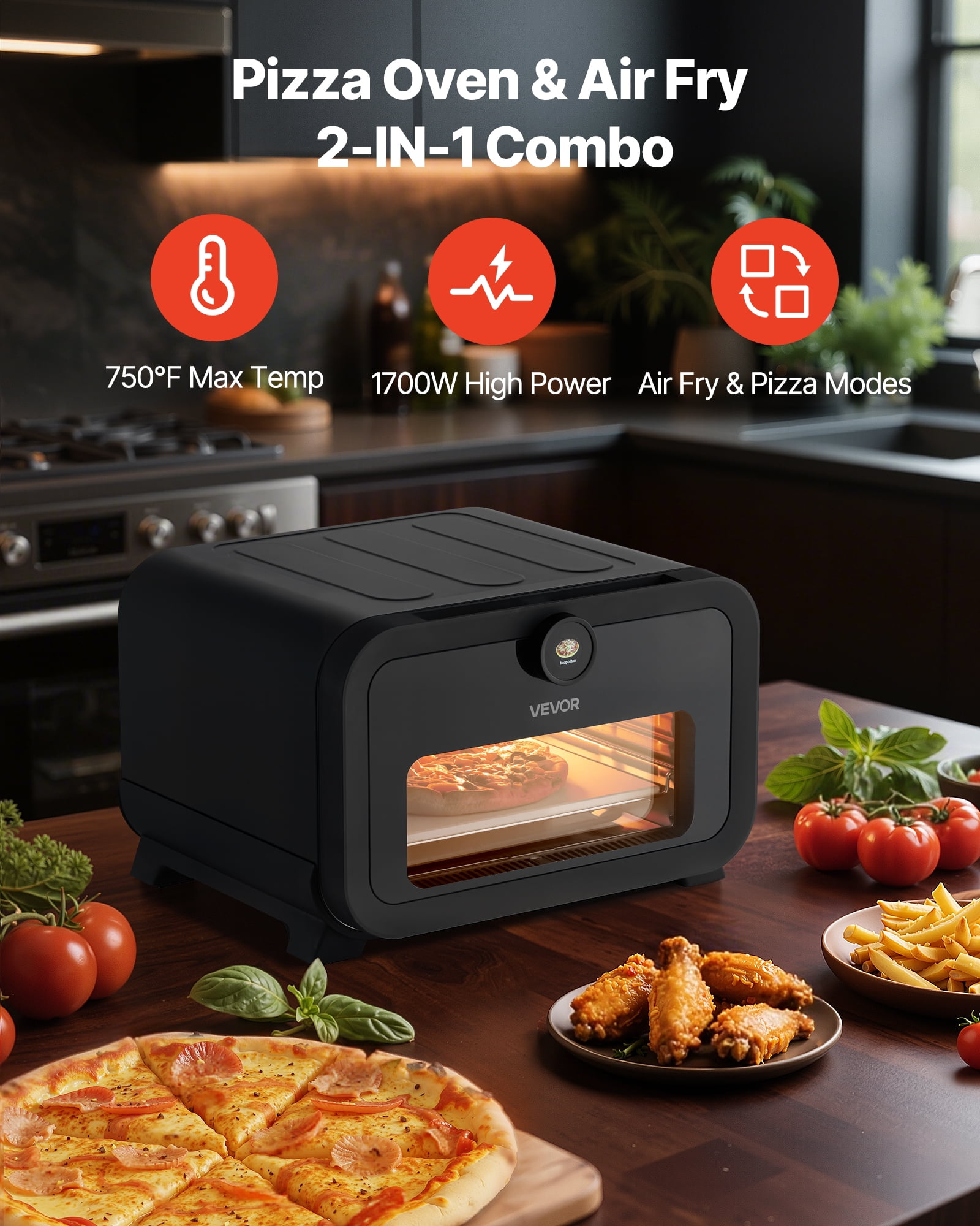 VEVOR Pizza Oven, 8 Presets Electric Pizza Ovens Air Fry Combo, 12-Inch Indoor Pizza Maker Smart Knob Control , 750°F Max Temp, IPX4 Waterproof Countertop Pizza Cooker w/Pizza Stone,Fry Basket