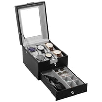 Uten Luxury 6-Slot Watch Box with Lock & Drawer, Glass Top Display Case with Velvet Lining, Jewelry & Watch Organizer for Men/Women, Gift Ready, Black and Gray
