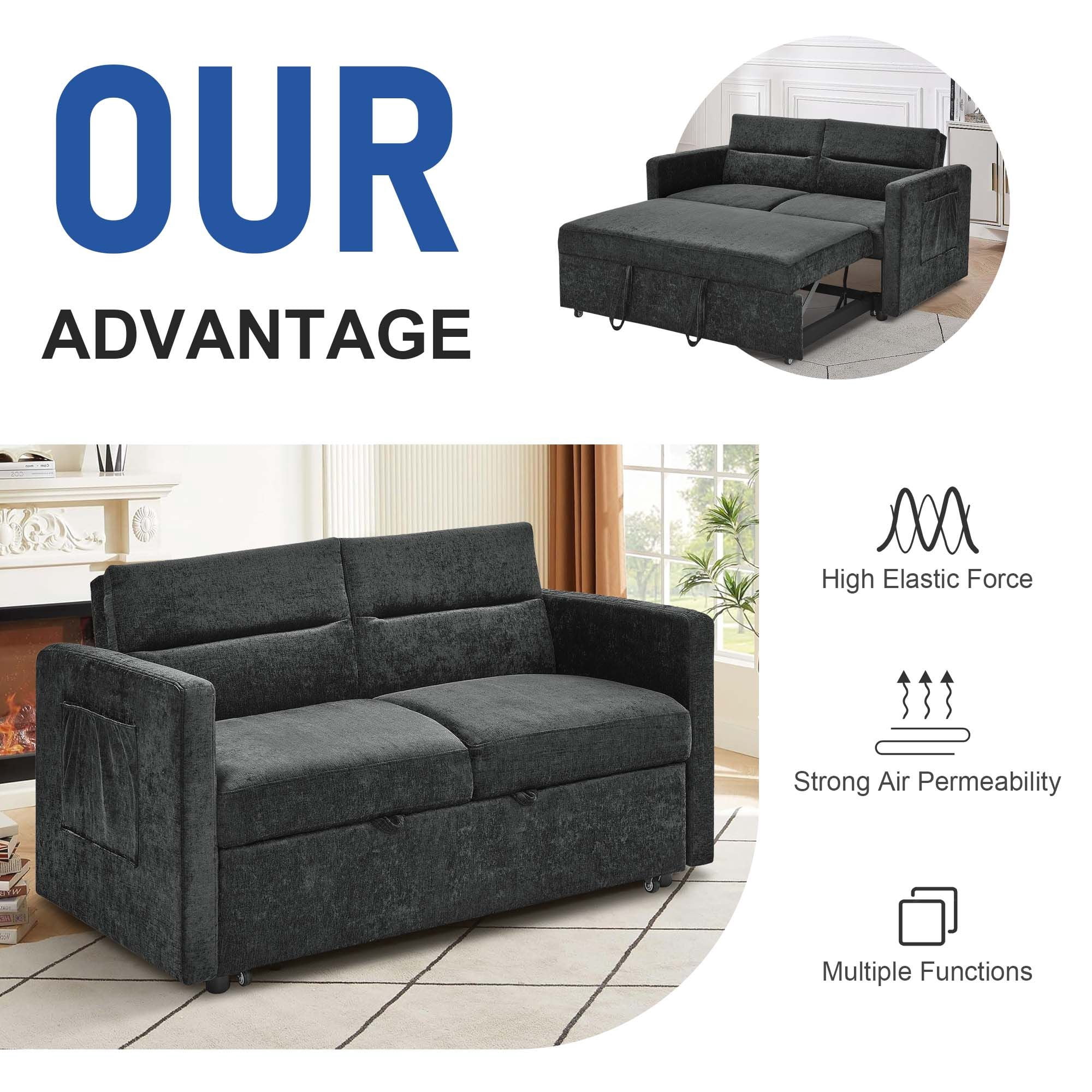 DEALTOPS Convertible Pull Out Sofa Bed, Adjustable Loveseat Sleeper with Side Pockets, Black