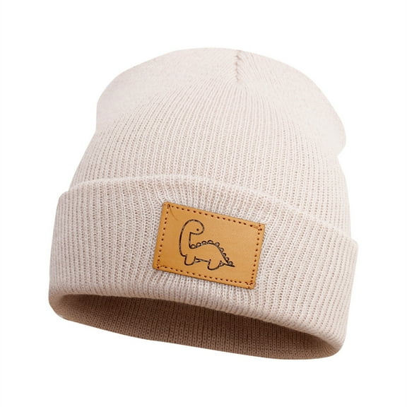 VNKIDY Kids Hats Children Winter Beanie Hat Warm Knitted Plush Cap Adorable Dinosaur Leather Patch Skiing Cold Weather For Boys Girls Fashionable Headwear