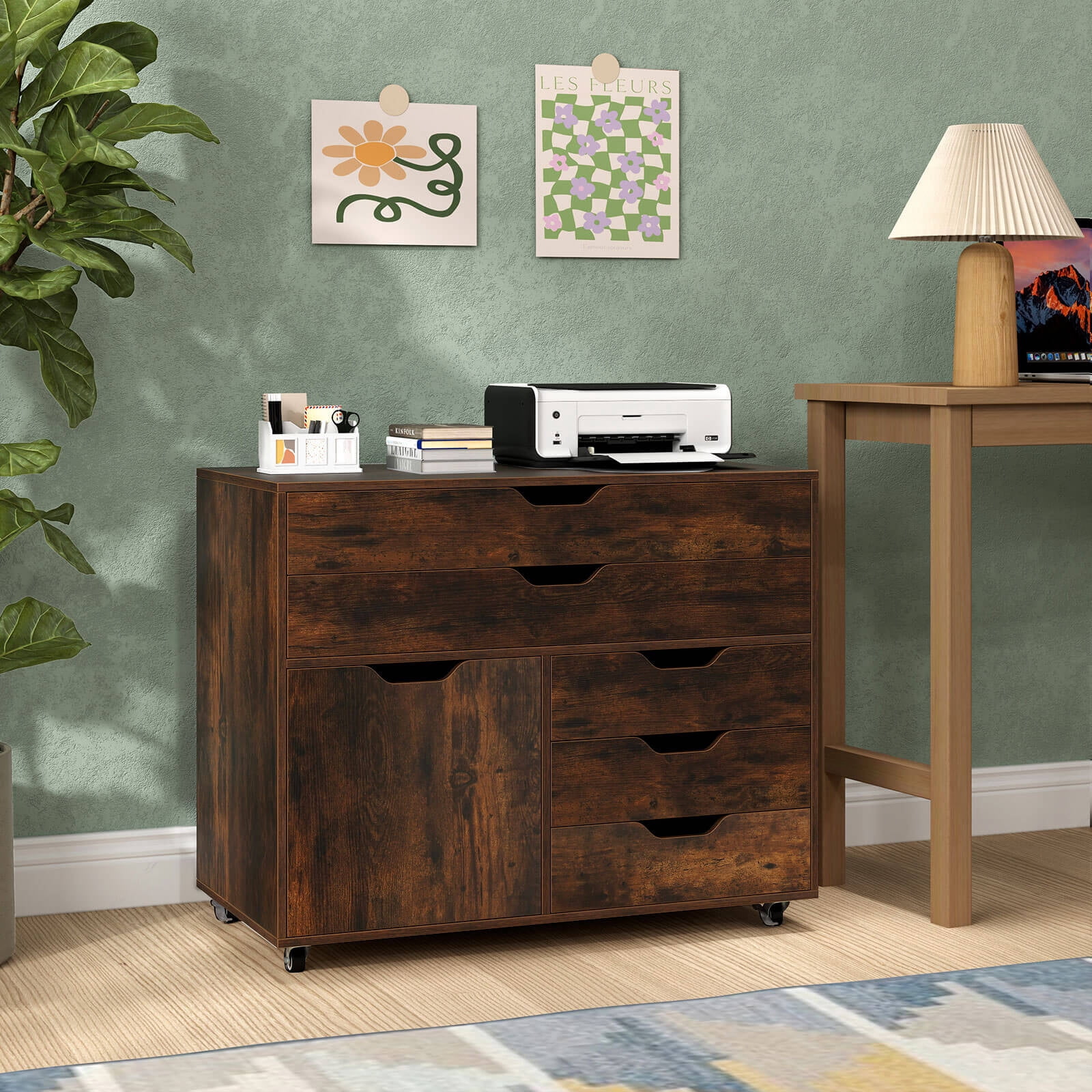 Costway 5-Drawer File Cabinet Mobile Chest of Drawers with Side Cabinet 5 Casters Brown