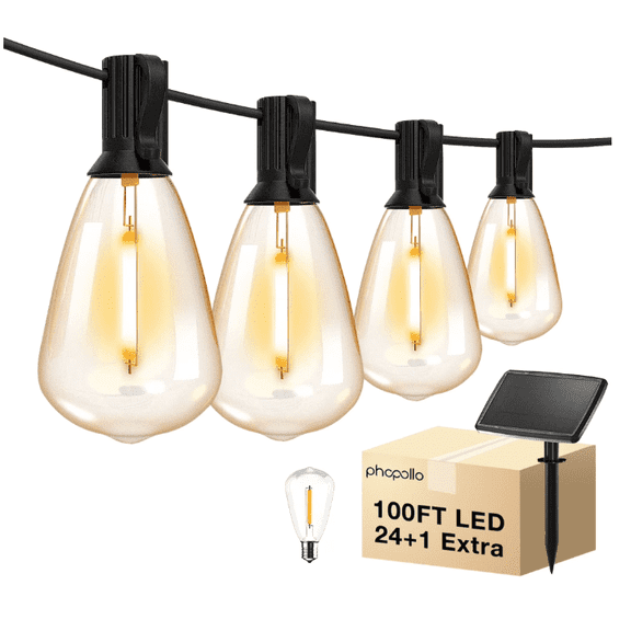 VOLIVO Solar Outdoor String Lights 100FT, Shatterproof Patio Lights with 24 ST38 Vintage Edison Bulbs, Solar Hanging Lights, for Porch, Deck, Garden, Backyard