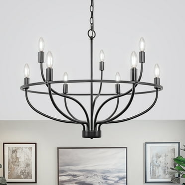 YANSUN 9-Light Industrial Chandelier, E12 Base, Modern Farmhouse Lighting Wagon Wheel Pendant Light for Dining Room or Kitchen,Black