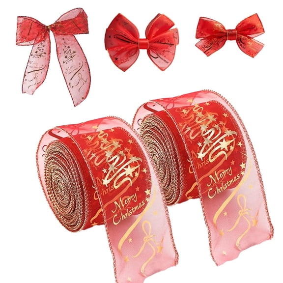 2 Rolls Christmas Ribbons for Crafting, Xmas Wired Edge Ribbon Red Ribbon Bow Gold Blessings Star Wired Ribbons for Gift Wrapping Christmas Sewing DIY Crafts Supplies