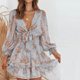 thumbnail image 4 of Vestidos estampados de encaje con volantes de manga larga con cuello en V sexy de otoño e invierno para mujer Fridja  yut5467, 4 of 5