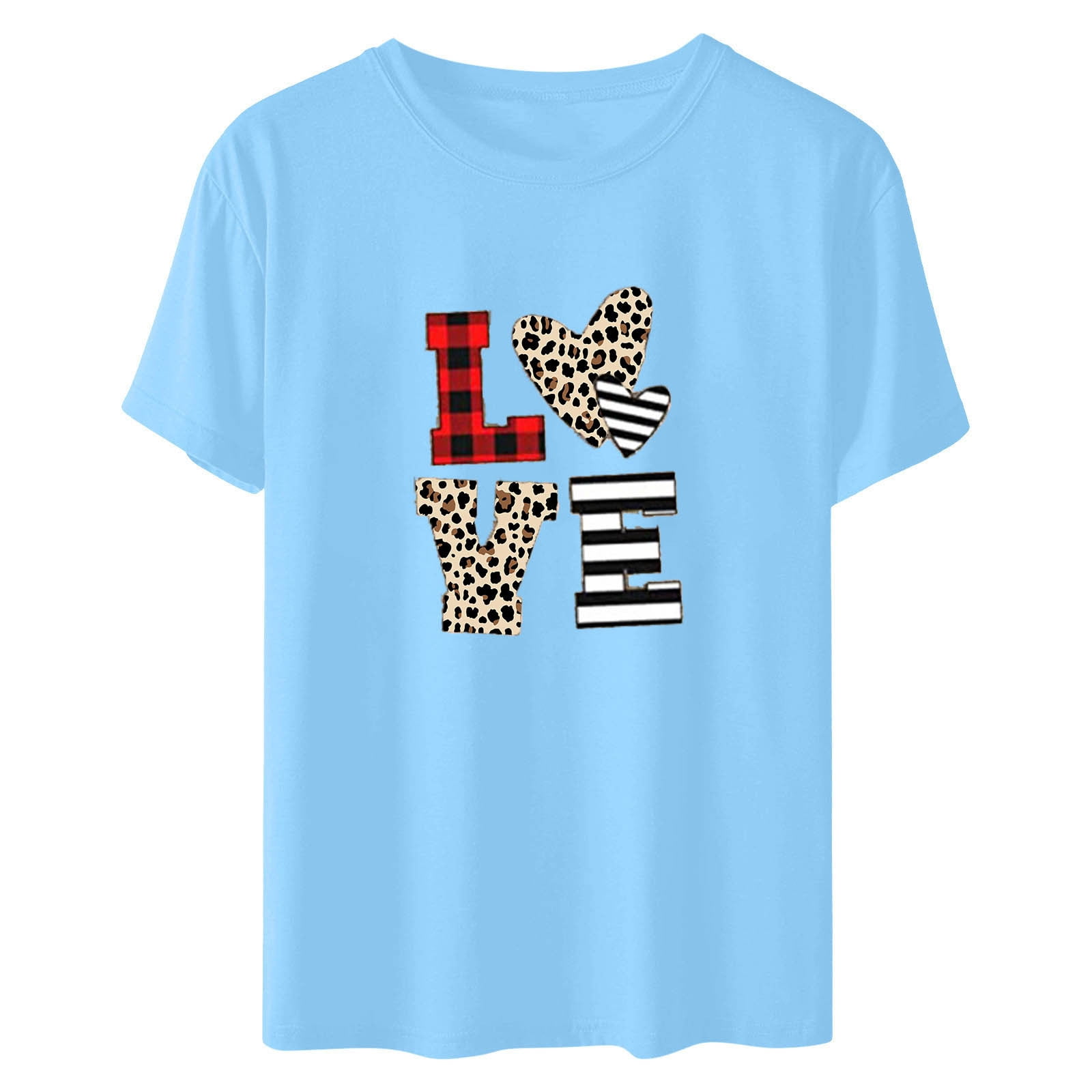 Women's Valentine's Day T-Shirt - Leopard Plaid Heart Graphic Tee, Valentine Top For Her