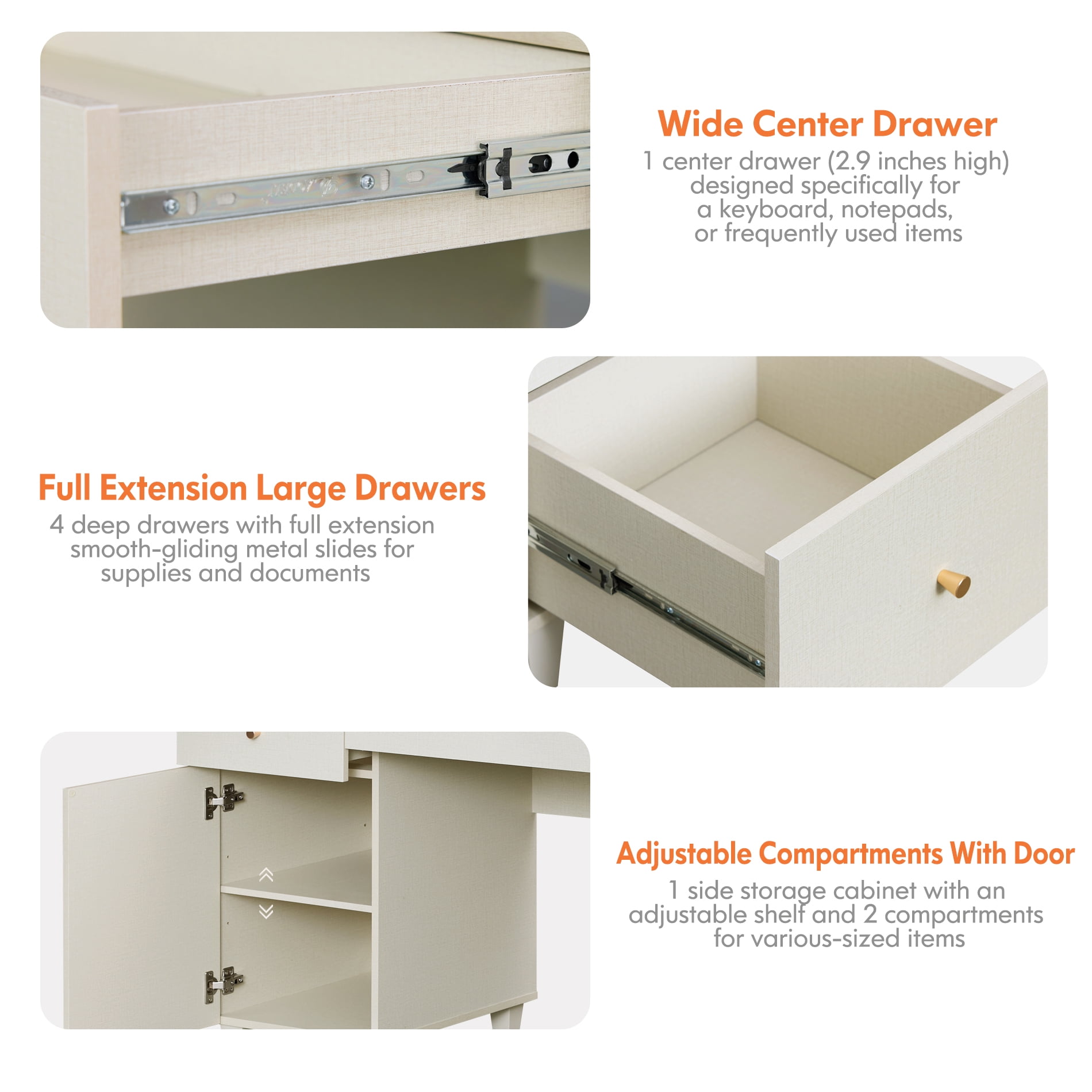 58" Wooden Vanity Desk with Drawers and Cabinet, Modern Makeup Charging Table with Storage for Bedroom, Beige