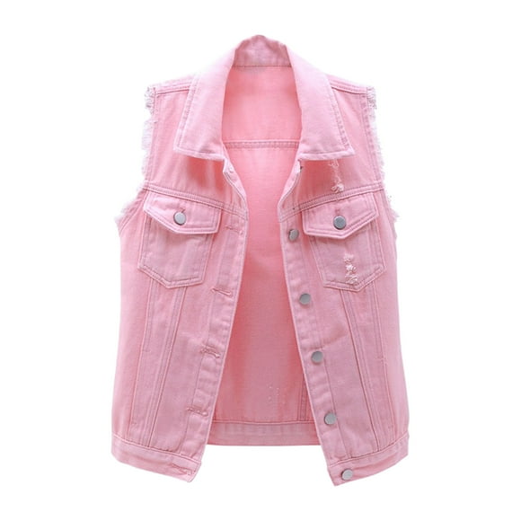 Breezora Denim Shirt Vest for Women Sleeveless Loose Fit Jacket Top Versatile Layering Piece Urban Street Style Cropped Fit XL Size Pink