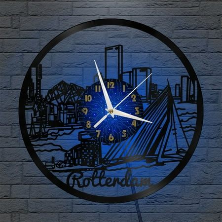 Rotterdam City Attractions 12 Inch Vinyl Record Wall Clock - Silent, Creative, and Unique Clock for Living Room, Entryway, or Bedroom Decor - Perfect Gift Idea(12 inchs B with LED)