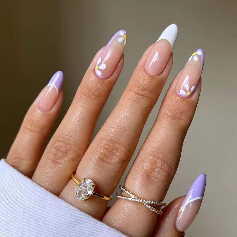 Light Pink with White Flowers Purple Trim Design French Nail Art Fake Nails,24 Pcs Cute Almond Shape Press on Nails,Medium Short Length False Nails - Light Pink with White Flowers Purple Trim Design French Nail Art Fake Nails,24 Pcs Cute Almond Shape Press on Nails,Medium Short Length False Nails -